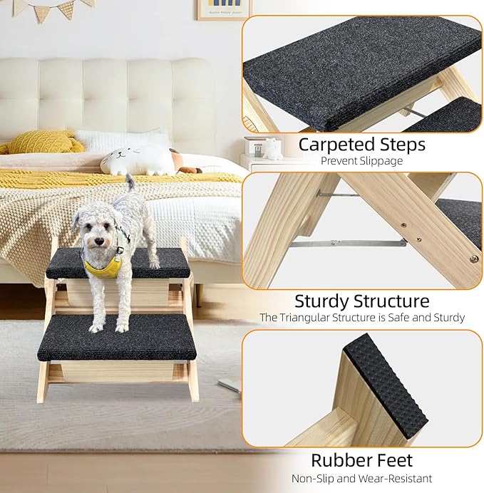 Dog Stairs/Ramp for Bed, Wooden Convertible Pet Steps, Portable Dog Ladder Up to 180 Pound for Elderly/Short-Legged Dogs, 2 Steps for Beds, Couch, Cars-PawvioPets