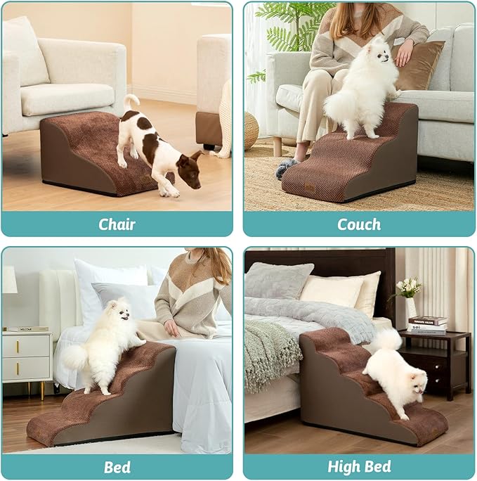 Dog Stairs for Small Dogs 15.7" H, Curved Dog Step for Puppy, Older Cat, Medium Pet Ramp for Sofa, Couch or Chair, Ladder with High Density Foam, 15.7x22.4x15.7 inch, 3 Step, Brown-PawvioPets