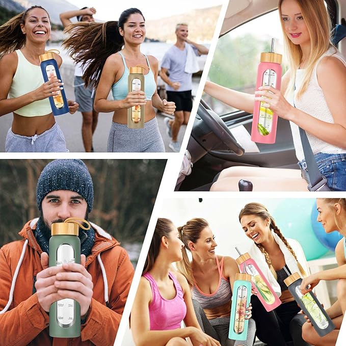 32 oz Glass Water Bottle with Straw - Motivational Time Marker & Silicone Sleeve - Reusable Tumbler Includes 2 Bamboo Lids & Fruit Infuser - 1 Pack-PawvioPets