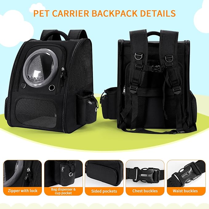 Expandable Pet Carrier Backpack with Transparent Bubble Window, Gray Mesh Travel Bag, Portable Space Capsule Design with Foldable Dogs Carrier for Pets (Black)-PawvioPets