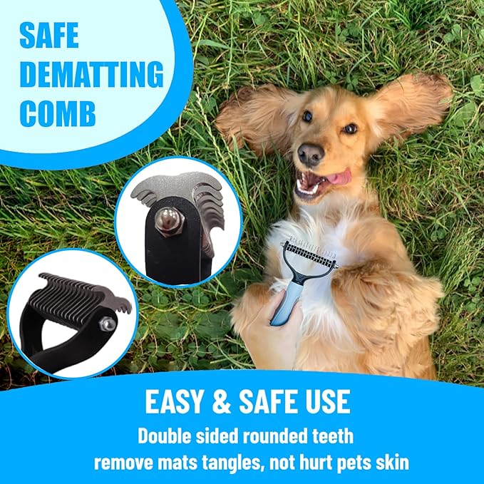 Dog Brush Grooming Kit 5PCS - Dog Brushes for Grooming, Dog Brush for Shedding,Puppy Brush and Flea Comb for Dogs, Slicker Brush Comb and Dog Hair Brush Set Blue-PawvioPets