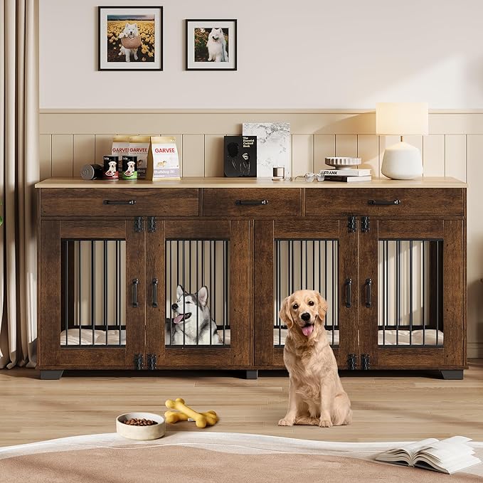 71 Inch Dog Crate Furniture for 2 Rooms, Wooden Double Crate Large Breed with Door, Dog Kennel Indoor, TV Stand End Table with Divider for Large Medium Dogs,Brown-PawvioPets
