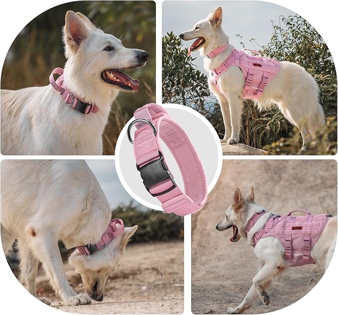 OneTigris Pink Dog Harness Leash Collar Set,Adjustable Dog Vest Harness for Walking Hiking Training(Medium)-PawvioPets