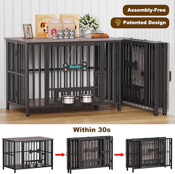 Easycom 41" Dog Crate Furniture Foldable, No Assembly Decorative Dog Kennel Indoor, Dog Crates for Large Dogs (40-65 lbs), Wooden Dog Cage with Adjustable Bowls and Name Tag, End Table, Oak Grey-PawvioPets