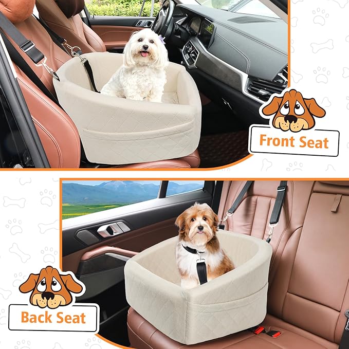 Dog Car Seat for Small Medium Dogs,Detachable Washable Dog Booster Seat Under 30lbs, Pet Car Seat Travel Bed with Storage Pockets and Dog Safety Belt (White)-PawvioPets