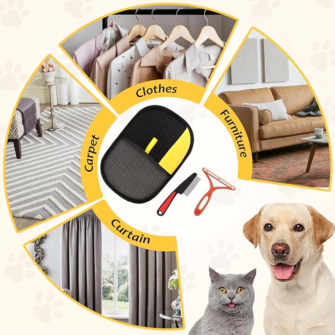 3 Pcs Pet Hair Removal Glove Set, Reusable Electrostatic Pet Hair Remover with Hair Remover Brush and Pet Comb, Upgrade Efficient Cats&Dogs Grooming Gloves for Clothes Furniture Carpet Seat-PawvioPets