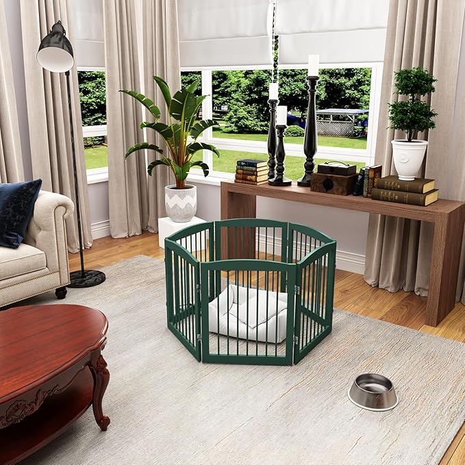 Freestanding Pet Gate for Dogs, Foldable Wooden Dog Gate for House, Extra Wide Indoor Pet Barrier for Stair, Doorway, Hall, Support Feet Included, 120 Inch Wide, 6 Panels 24",Green-PawvioPets