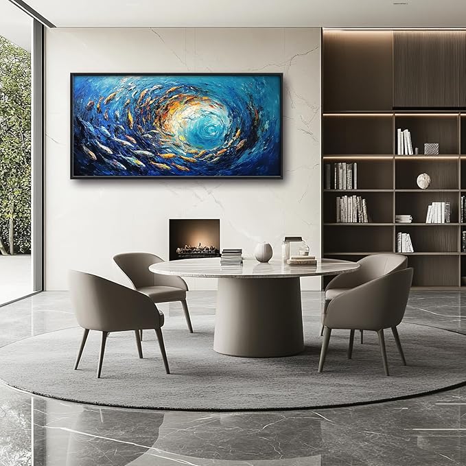 Extra Large Framed Abstract Ocean Fish Wall Art,Oversized Blue Sea Nautical Fish Wall Decor Pictures for Living Room,Canvas Print Painting Modern Artwork Bedroom Office Bathroom Home Decor 60L x30W-PawvioPets