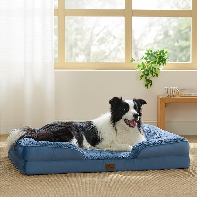 Bedsure Orthopedic Dog Beds Large Sized Dog - Washable Large Dog Cat Bed Waterproof, Comfort Dogs Couch Sofa with Washable Removable Cover, Pet Bed with Nonskid Bottom, Plush-Blue, 35"-PawvioPets
