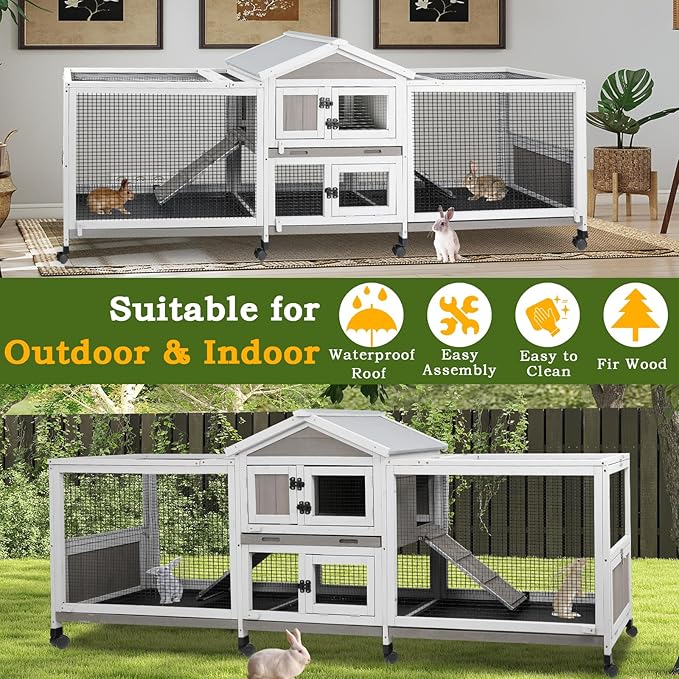 Double Rabbit Hutch Outdoor Indoor Large Bunny Cage with Dual Side Runs, 2-Story Wooden Hutch with 4 Leak Proof Trays, 8 Wheels, Waterproof Roof, Ramp, for Small to Medium Animals-PawvioPets