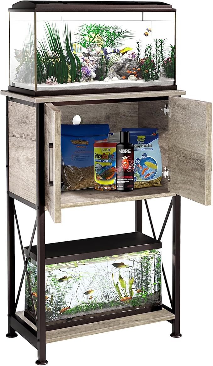 5-10 Gallon Fish Tank Stand, Metal Double Aquarium Stand with Cabinet for Fish Tank Accessories Storage, Heavy Duty 20.5" L* 11.02" W Tabletop, 500LBS Capacity Grey PG06YGZ-PawvioPets