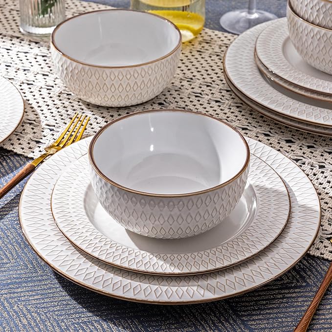 GBHOME Ceramic Dinnerware Sets,18 pcs Embossed Elegant Stoneware Plates and Bowls Sets, Housewarming Wedding Gift | Dishwasher & Microwave Safe | Dishes Set Service for 6-PawvioPets