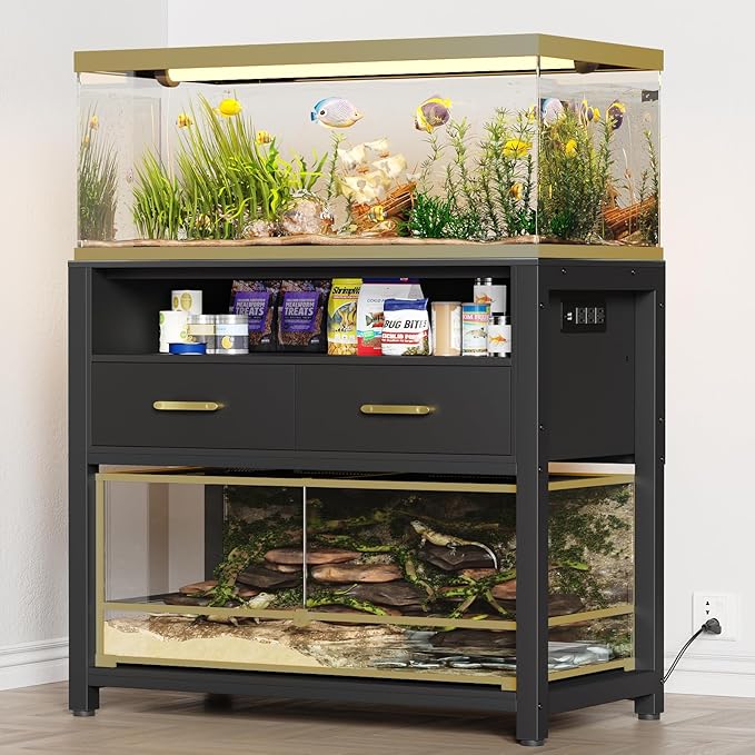 40-50 Gallon Fish Tank Stand with Power Outlet & 2 Storage Drawers, Heavy Duty Metal Frame Aquarium Stand with Waterproof Mat, 36.6" L*19.1" W Tabletop, 800LBS Capacity, Black-PawvioPets