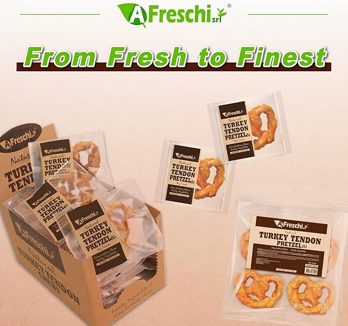 Afreschi Natural Turkey Tendon Pretzel (L) 10 oz, USA-Sourced Turkey Tendon, All Natural Puppy Chew, Hypoallergenic, Rawhide Alternative, for Large Breeds-PawvioPets