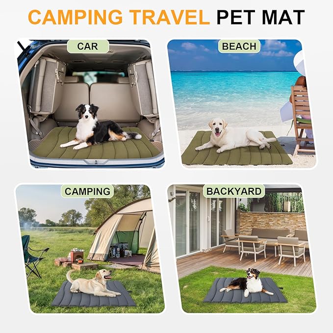 BEAUTYZOO Outdoor Dog Bed Waterproof, Camping Dog Bed Reversible, Portable Travel Bed with Carry Bag- Machine Washable, Durable, Foldable Outdoor Pet Bed Mat for Medium Large Dogs, 35” x 51“ Green-PawvioPets