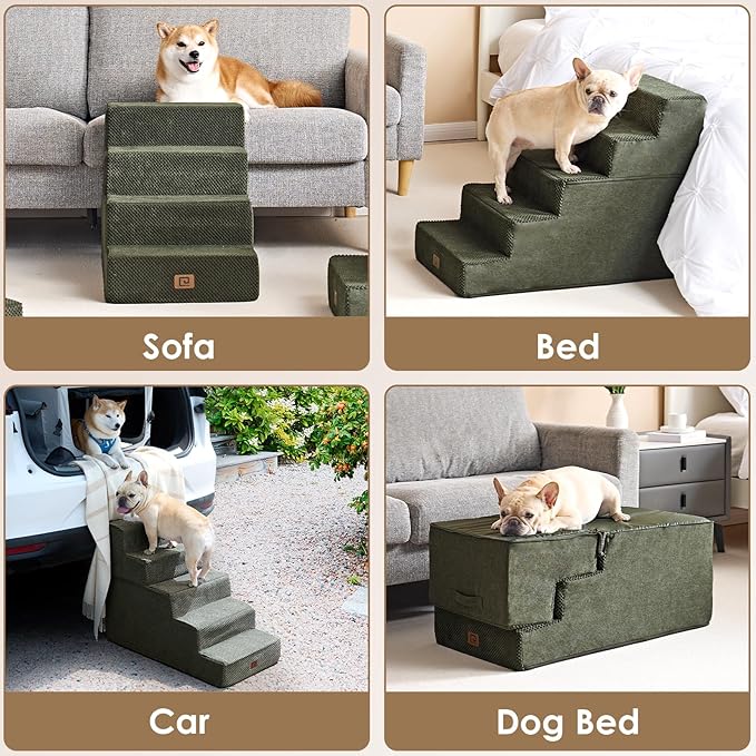 EHEYCIGA Dog Stairs for Small Dogs 13.5" H, 3-Step Dog Steps for Couch Sofa and Chair, Pet Steps for Medium Cats, Non-Slip Balanced Pet Ramp Indoor, Olive Green-PawvioPets