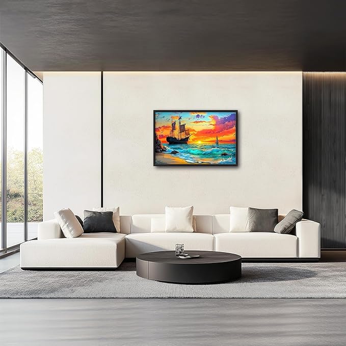 Framed Large Ship Wall Art for Living Room, Oversized Coastal Beach Boat Wall Decor Nautical Seascape Sailboat Canvas Painting Modern Artwork Home Decoration for Living Room Bedroom 36"x24"-PawvioPets