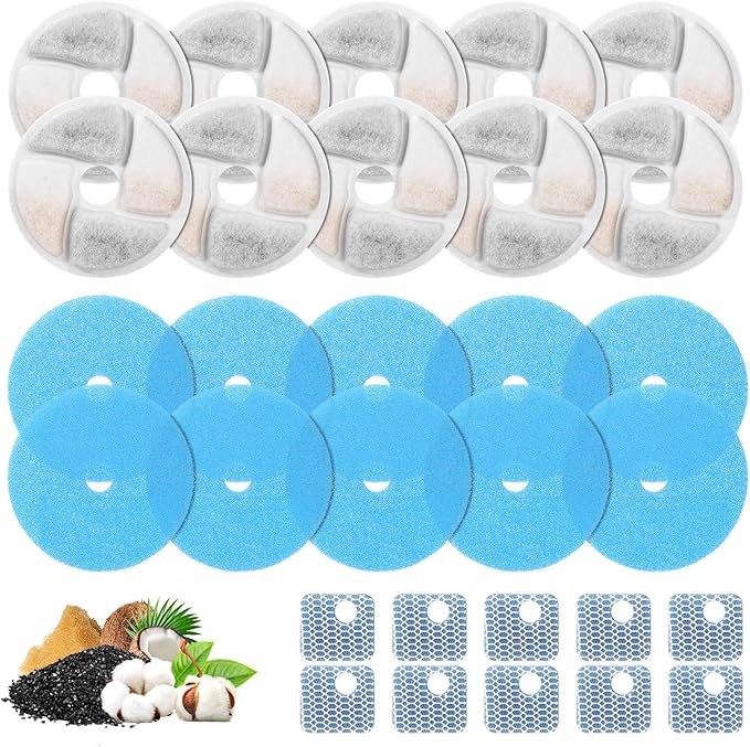 10 Set Cat Water Fountain Filter Replacement for Square 2.2L/73oz Stainless Steel Cat Fountain, ZEKIRY Pet Fountain Filter, Triple Filtration Replacement Filters(10 Filter, 10 Sponge, 10 8D Sponge)-PawvioPets