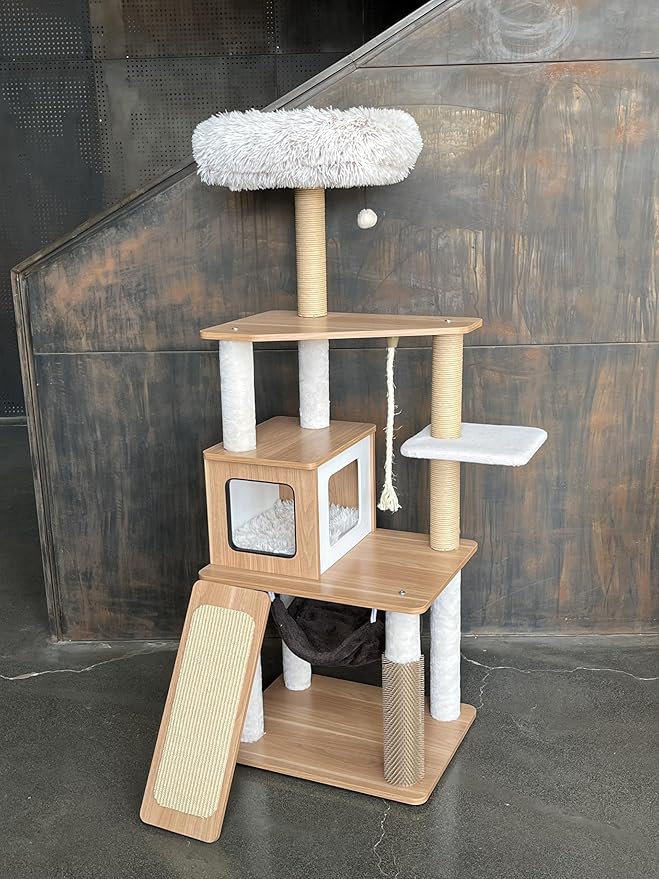 61" Wooden Cat Tree Tower for Indoor Cats, Luxury Modern Wooden Tower with XL Plush Lounge, Hammock & Scratching Posts for Maine Coon 20 lbs-PawvioPets
