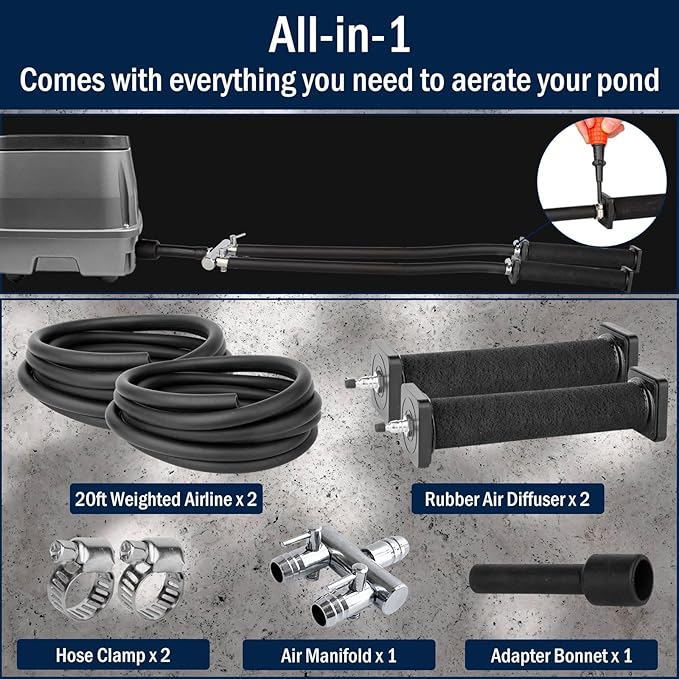 AquaMiracle All-in-1 Koi Pond Aeration Kit Pond Air Pump with Self-Sinking Airline Rubber Air Diffuser, Air Flow Control Pond Aerator for Outdoor Pond 10,000-15,000 Gallons-PawvioPets