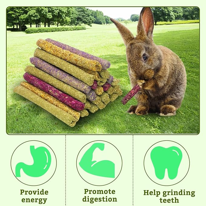 Fhiny 68 PCS Rabbit Chew Sticks, Natural Petals Timothy Hay Sticks Guinea Pig Chewing Toys for Teeth Small Animals Molar Snacks for Bunny Guinea Pig Chinchilla Hamster-PawvioPets