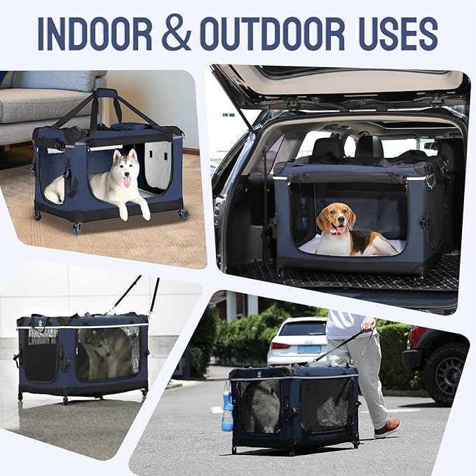30IN Soft Collapsible Dog Crate w Detachable Wheels, Rolling Travel Dog Crate for Medium Breed Dogs, Portable Dog Kennel with Mesh Windows, Indoor & Outdoor Uses-PawvioPets