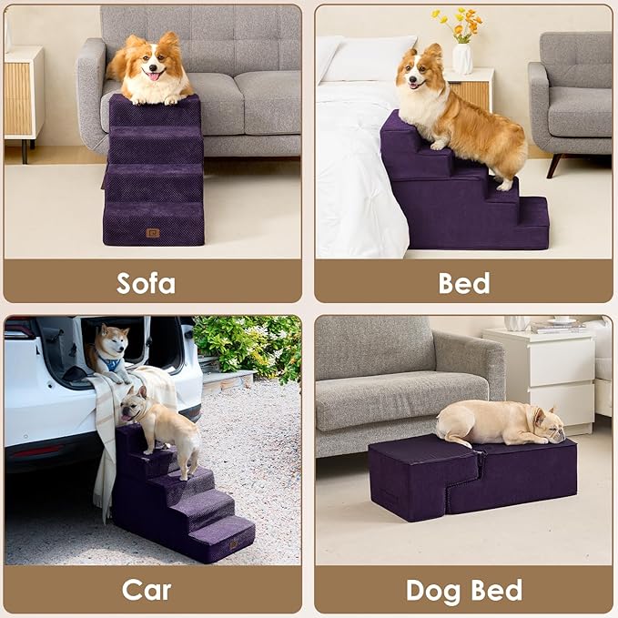 EHEYCIGA Dog Stairs for Bed 18" H, 4-Step Dog Steps for High Bed, Pet Steps for Small Dogs and Cats, Non-Slip Balanced Pet Ramp Indoor, Purple-PawvioPets