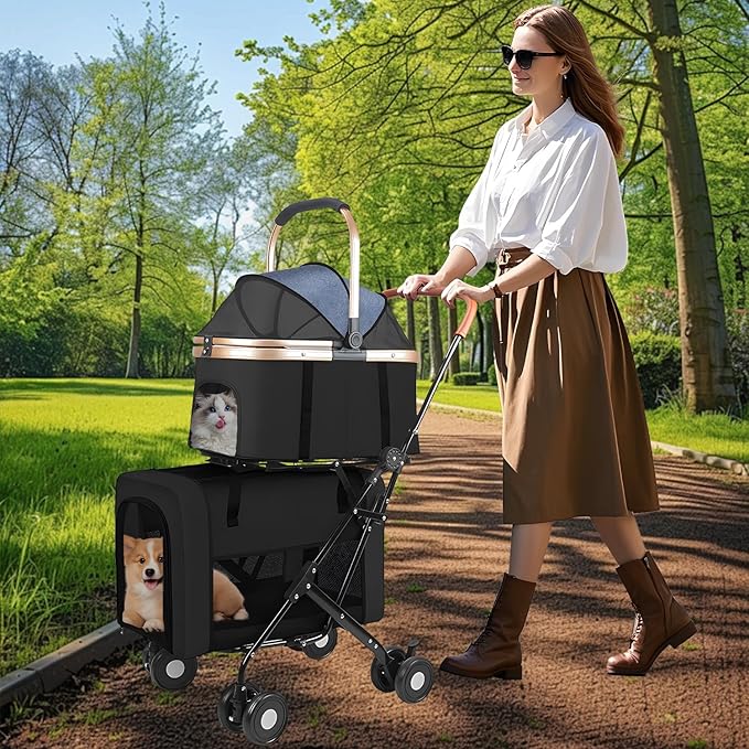 Double Pet Stroller for 2 Dogs or Cats, Folding Dog Stroller with 2 Detachable Carrier Bags, Safety Belt, 4 Lockable Wheels, Separate Compartments, for Multi-Pet Homes (Black)-PawvioPets