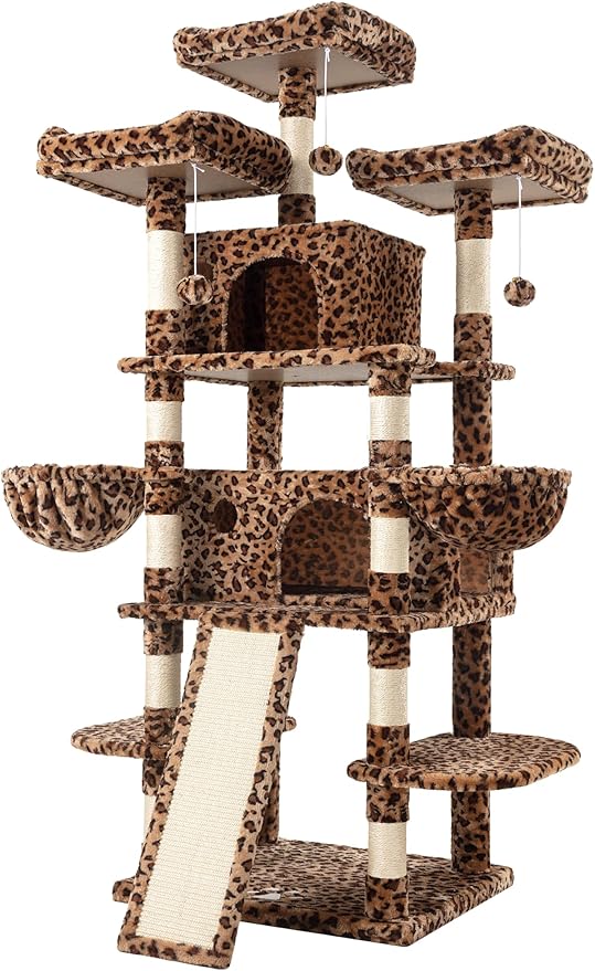 Allewie 68 Inches Cat Tree/House and Towers for Big Feline/Scratching Post/Multi-Level Large Kitty Climbing Tree with Condo/Leopard Print-PawvioPets