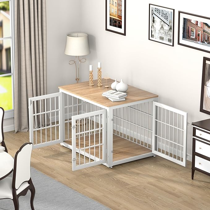 38 Inch Heavy Duty Dog Crate Furniture for Large and Medium Dogs, Decorative Pet House End Table, Wooden Cage Kennel Furniture Indoor, Natural and White-PawvioPets