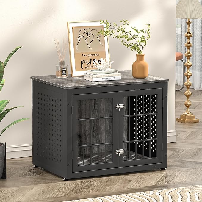 32" Heavy Duty Dog Crate Furniture for Small and Medium Dogs, Metal Kennel for High Anxiety Dogs, Chew Proof Pet Cage Indoor, Decorative Dog Kennel End Table-PawvioPets
