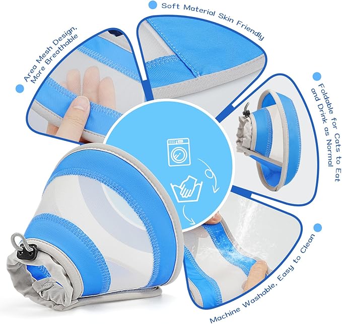 Breathable Air Mesh Cat Cone Collar Soft to Stop Licking, Adjustable, Foldable Lightweight Kitten Cones After Surgery Recovery for Cats & Kittens (Light Blue,M)-PawvioPets