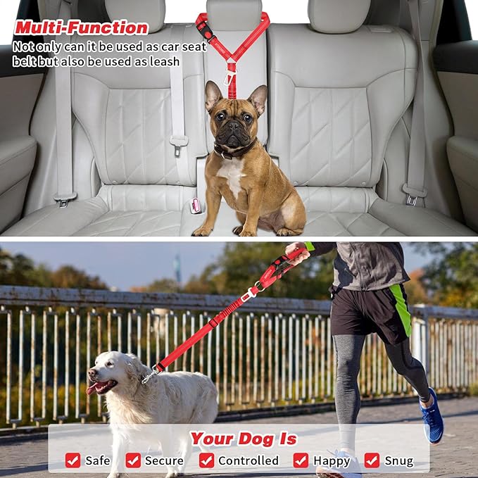 BWOGUE 2 Piece Dog Seat Belt for Car with Elastic Bungee Buffer Safety Seatbelt Car Headrest Restraint Wear Adjustable Metal Buckle Harness in Vehicle Travel for Pet-PawvioPets