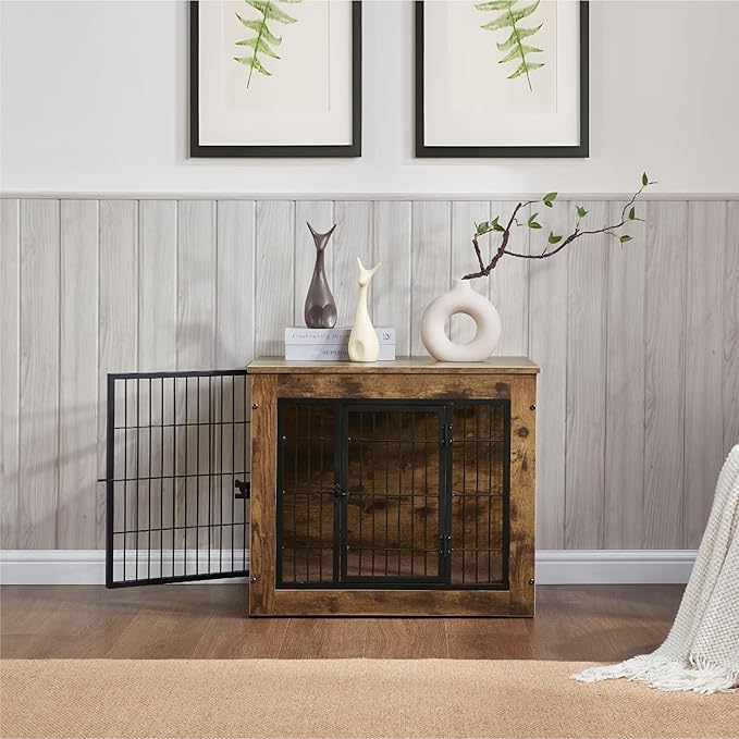 FLEXIMOUNTS Dog Crate Furniture with Cushion, Wooden Dog Kennel Furniture, Heavy Duty Dog Cage, 27" Dog Kennel with Double Doors-PawvioPets