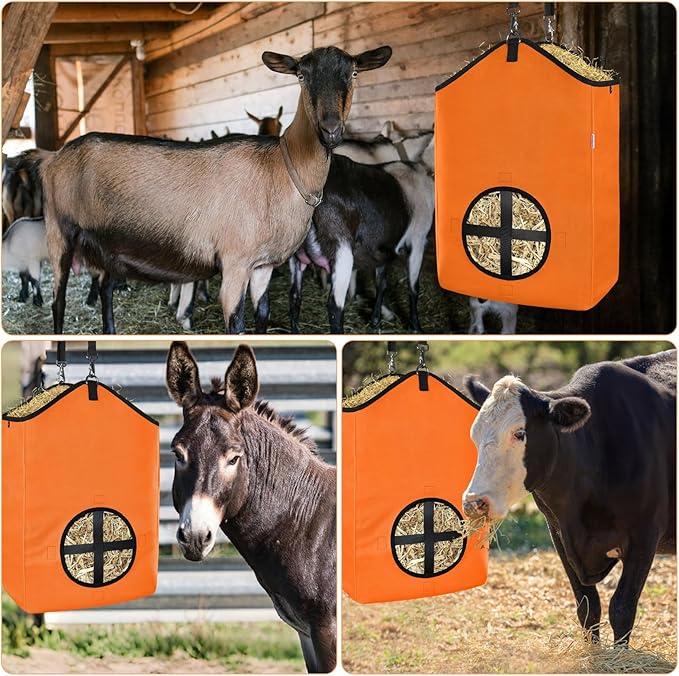 3 PCS Goat Hay Feeder,Hay Bags for Horses,Goats,Donkeys with Reinforced Oxford Fabric and High Strength Metal Clasp,Horse Feeding Supplies with Adjustable Strap for Easy Hanging (2Orange+1Black)-PawvioPets