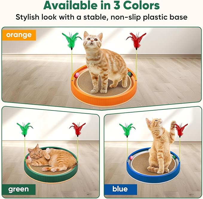20-Inch Round Cat Scratcher with Ball Track – 3-in-1 Cardboard Scratching Pad with Feather Toy & Non-Slip Base – Interactive Cat Toy for Indoor Cats, Kittens & Large Cats (Green)-PawvioPets