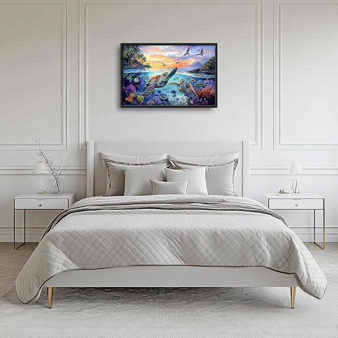 Framed Large Sea Turtle Wall Art for Living Room, Oversized Ocean Turtle Wall Decor Seascape Underwater Marine Life Canvas Painting Home Decoration for Living Room Bedroom Office 36"x24"-PawvioPets