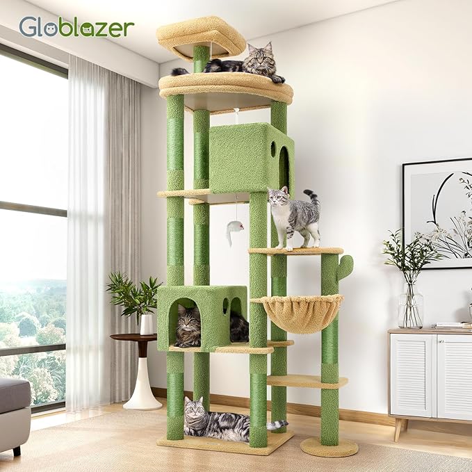 Globlazer Cactus Giant Cat Tree, 83 inch Cat Tree for Indoor Cats Large Adult, XXL Cat Tower with 9 Scratching Posts for 20lb+ Heavy Duty Large Adult Cats, F83, Green-PawvioPets