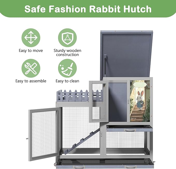 COZIWOW Double Layers Durable 38In Rabbit Hutch Indoor on Wheels, Small Animal Houses Habitat, Rolling Large Bunny Cage Outdoor with Removable Tray, Ramp, Two Story Bunny Cage(Grey with Pattern)-PawvioPets