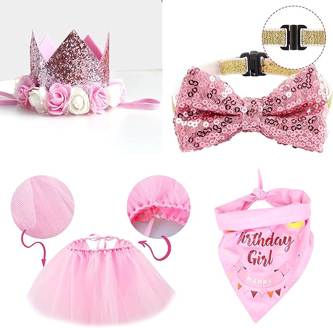 Dog Birthday Party Supplies, Pink Dog Birthday Decorations, Lets Pawty Balloons Banner Hat Bandana Tutu Skirt Outfit for Small Medium Dogs-PawvioPets