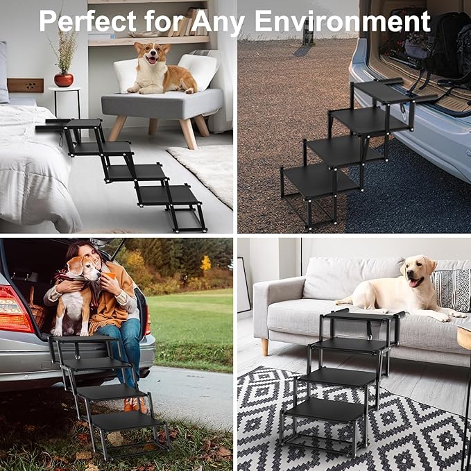 Extra Wide Dog Stairs for Large Dogs, Foldable Dog Ramp for Car with Non-Slip Surface, Lightweight Dog Stairs for Cars, Dog Steps for Cars, SUV, High Beds, Truck, Supports up to 250 lbs, 4 Steps-PawvioPets