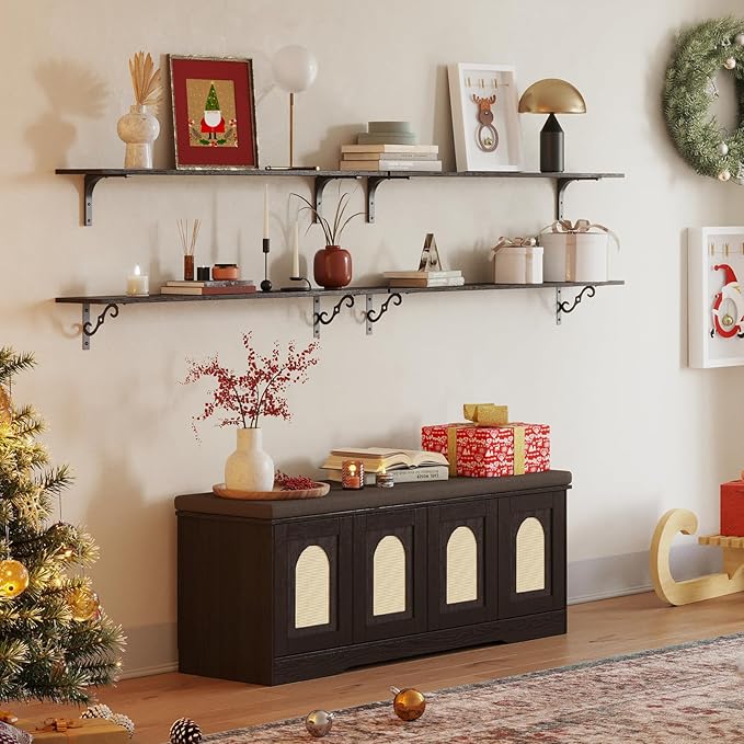 DINZI LVJ Shoe Bench, Entryway Storage Bench with Doors, Cushion, 2-Tier Shoe Rack with 8-Cubby, 47.2”L x 13.8”W Shoe Organizer Cabinet, Adjustable Shelf, Living Room, Bedroom, Espresso with Rattan-PawvioPets