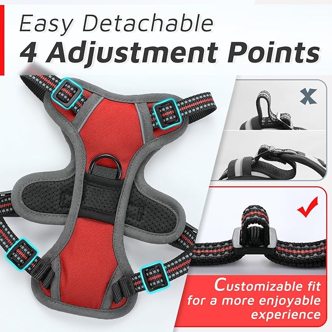 Eagloo Small Dog Harness No Pull, Service Vest with Reflective Strips and Control Handle, Adjustable and Comfortable for Easy Walking, No Choke Pet Harness with 2 Metal Rings, Red, XS-PawvioPets