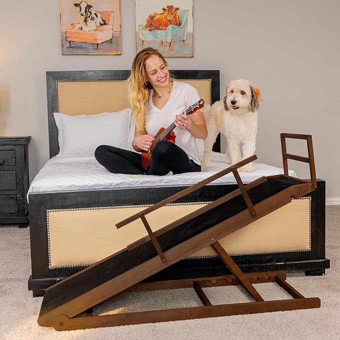 Dog Ramp for Bed, 5 Level Adjustable Dog Ramp for High Beds, Upgrade Rubber Mat High Traction Ramp with Safety Rails, Folding Pet Ramp for Bed, Couch,SUV, Natural Wood Pet Ramp for Small & Old Dogs-PawvioPets