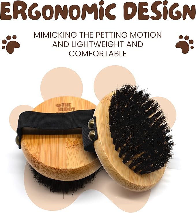 The Buddy System Pet Close Brush, Soft Touch Oval Palm Brush - Bamboo Massage Handheld with Soft Boar Bristles and Elastic Band for Dogs and Cats-PawvioPets