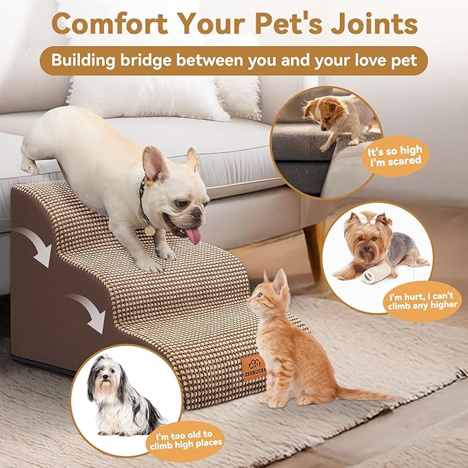 Dog Ramp and Stair for Bed 16" H-20 H,3-Step Cat Stair for Sofa and Chair,4-Step Dog Ramp for High Bed and Window,Durable Nonslip Fabric Cover for Indoor (Coffee-16 H, Pet Friendly, 3)-PawvioPets
