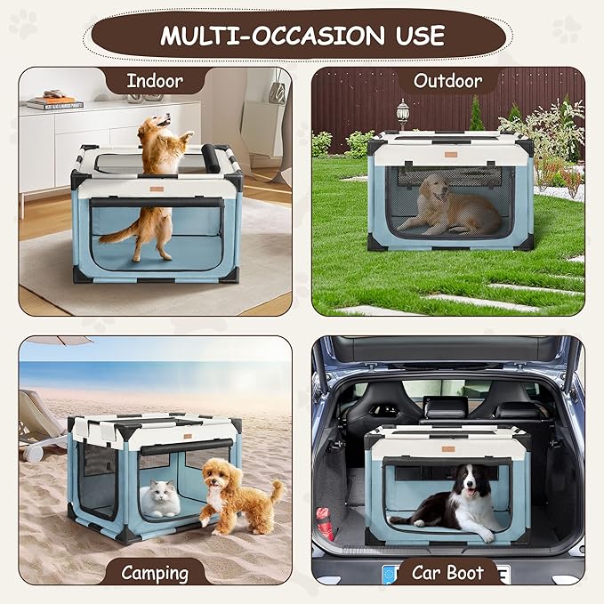 Dog Crate - Soft Pet Kennel for Dogs/Cats, 3-Door Breathable Travel Cage with Mesh Window, Portable Dog Kennel for Indoor & Outdoor, Blue-L-PawvioPets