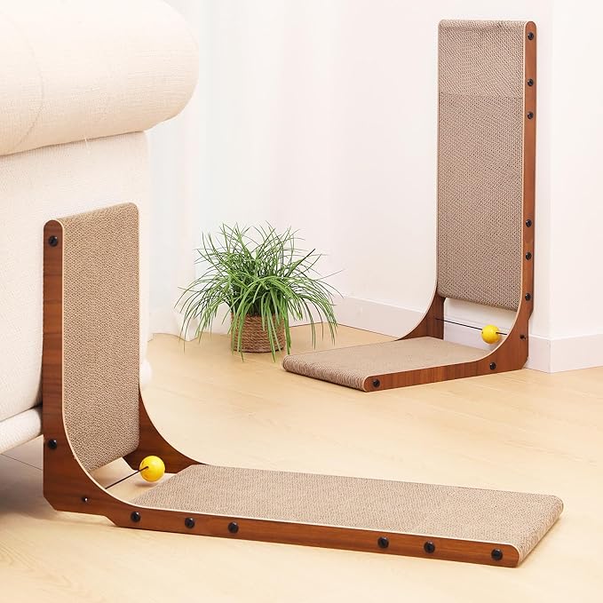 FUKUMARU Cat Scratcher, 26.8 Inch Cat Scratch Pad for Indoor Cats, L Shaped Cardboard Vertical Cats Scratching Board with Ball Toy, Walnut Color, 2 Packs-PawvioPets