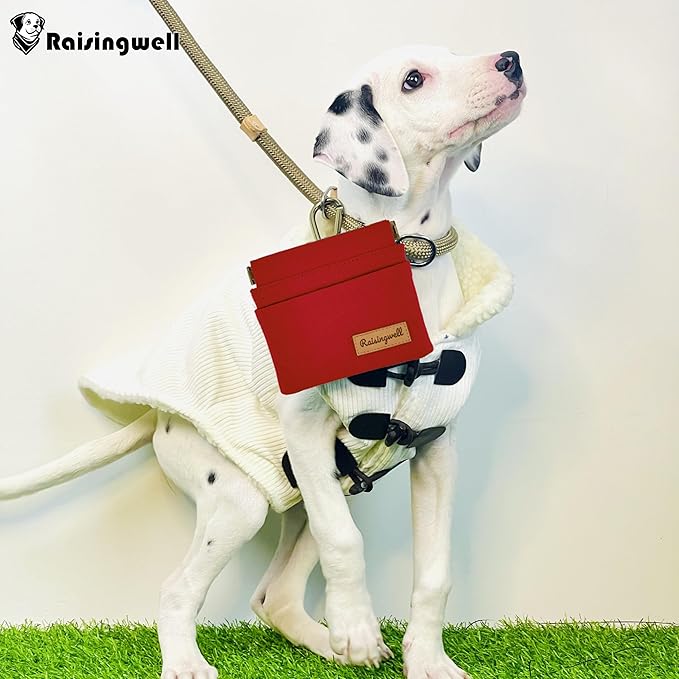 Dog Treat Pouch, Red Pocket Sized Pet Training Pouch, Cotton Fabric, Hand Free Dog Walking Bag with Carabiner, Self-Closing Pet Feed Snack Reward, for Puppy Travel or Outdoor Use-PawvioPets