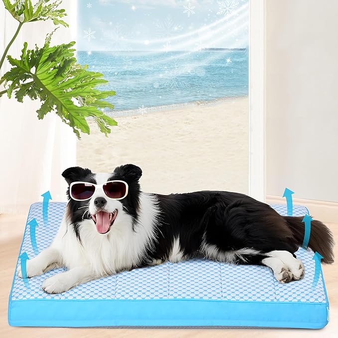 Cooling Dog Bed for Large Dogs - Orthopedic Pet Beds with Memory Foam, QMAX>0.5, Waterproof Removable Washable Cover for Hot Weather, Blue, 35" L x 23" W x 3" H-PawvioPets